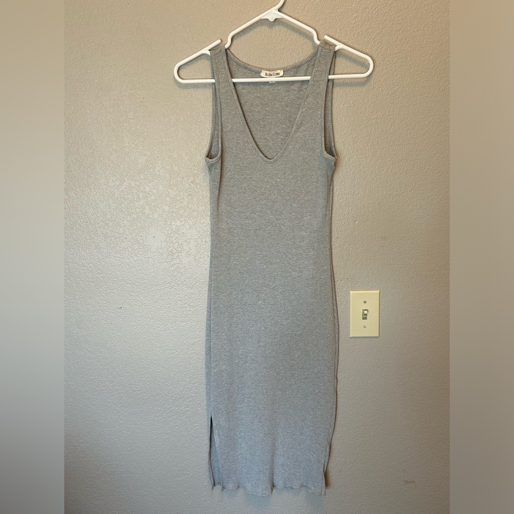 Gray Slim Fit Stretchy Knit Ribbed V-Neck Midi Sleeveless Tank Dress BOHO (M)